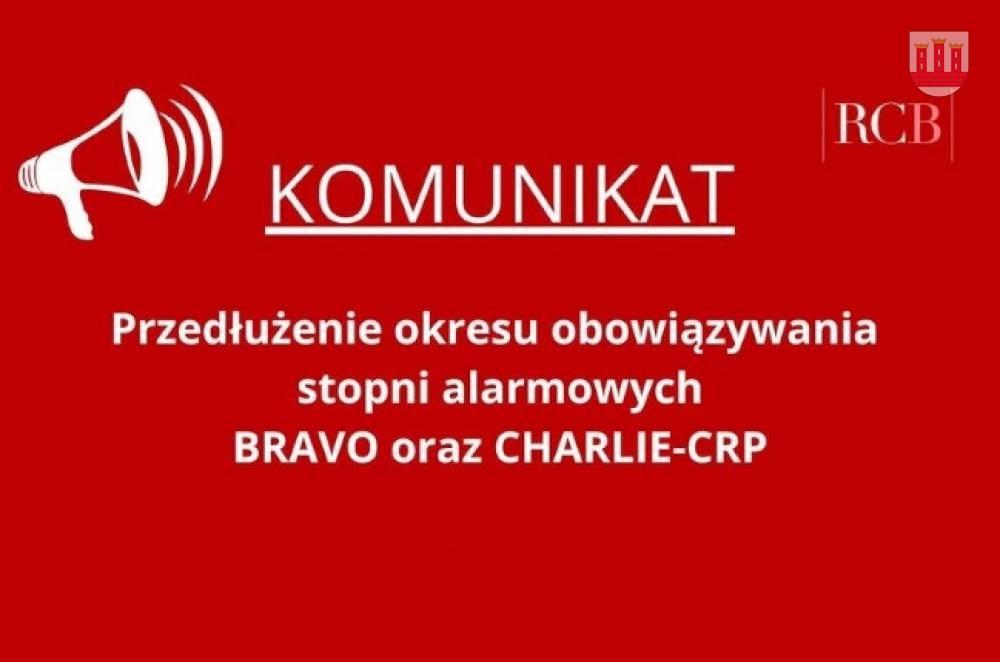 : Biały tekst na czerwonym tle: Komunikat, przedłużenie okresu obowiązywania stopni alarmowych BRAVO oraz CHARLIE-CRP.